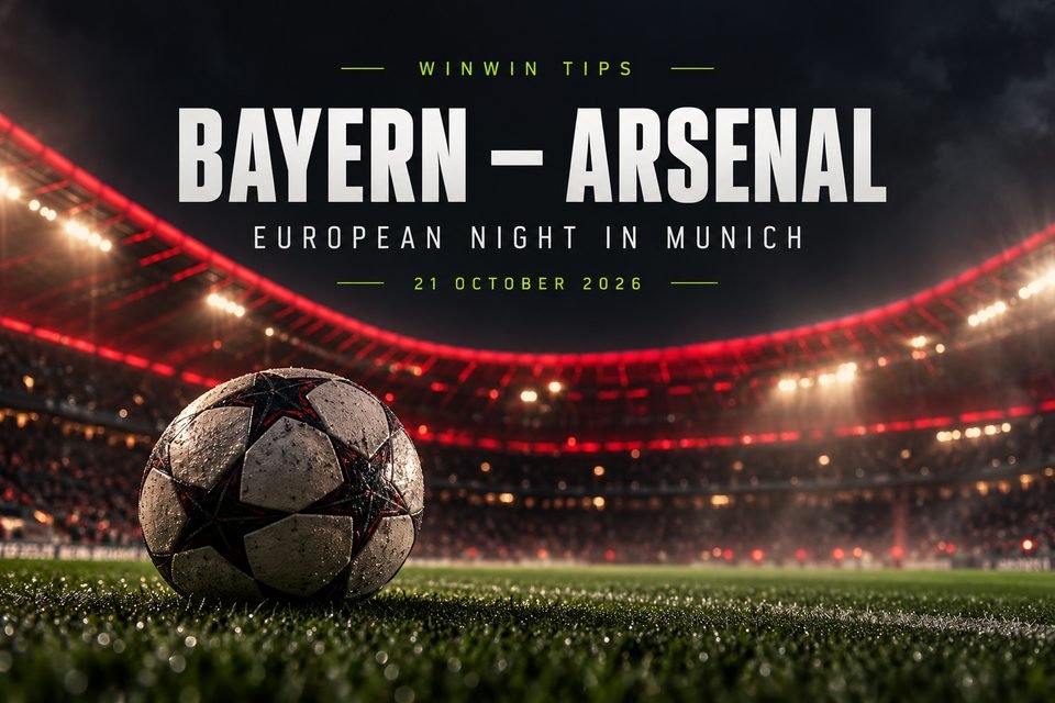 WINWIN TIPS editorial illustration: Bayern vs Arsenal, European Night in Munich, 21 October 2026.