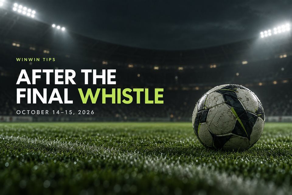 Football on a floodlit night pitch with After the Final Whistle, October 14–15, 2026 headline.