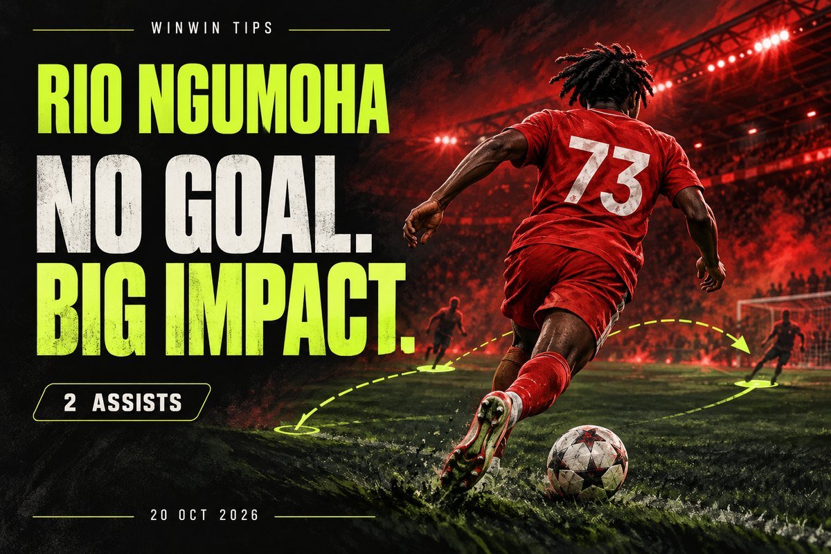 Illustrated red-shirted footballer with Rio Ngumoha headline and two-assist statistic.