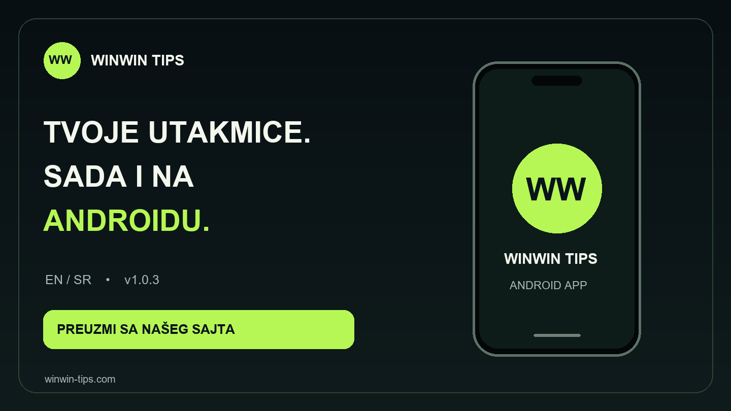 Najava WINWIN TIPS Android aplikacije sa ilustracijom telefona i kružnim WW logom.