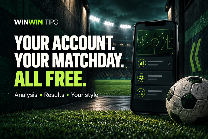 WINWIN TIPS free account: analysis, results and personal style, illustrated with a phone in a football stadium