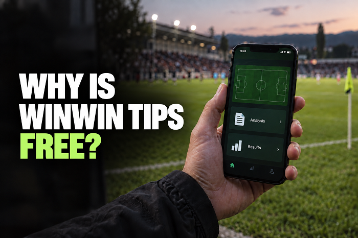 WINWIN TIPS free football analysis: a smartphone held beside a football pitch
