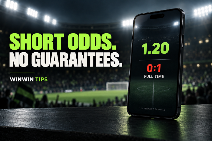 Illustrative smartphone showing odds of 1.20 and a 0:1 final score beside the headline Short Odds. No Guarantees.