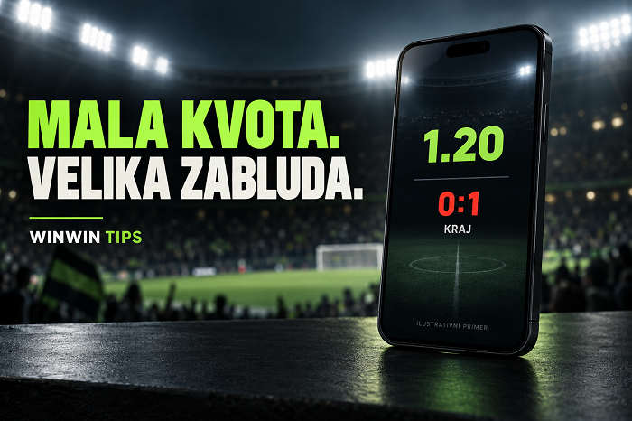 Ilustrativni telefon sa kvotom 1.20 i konačnim rezultatom 0:1 uz naslov Mala kvota. Velika zabluda.