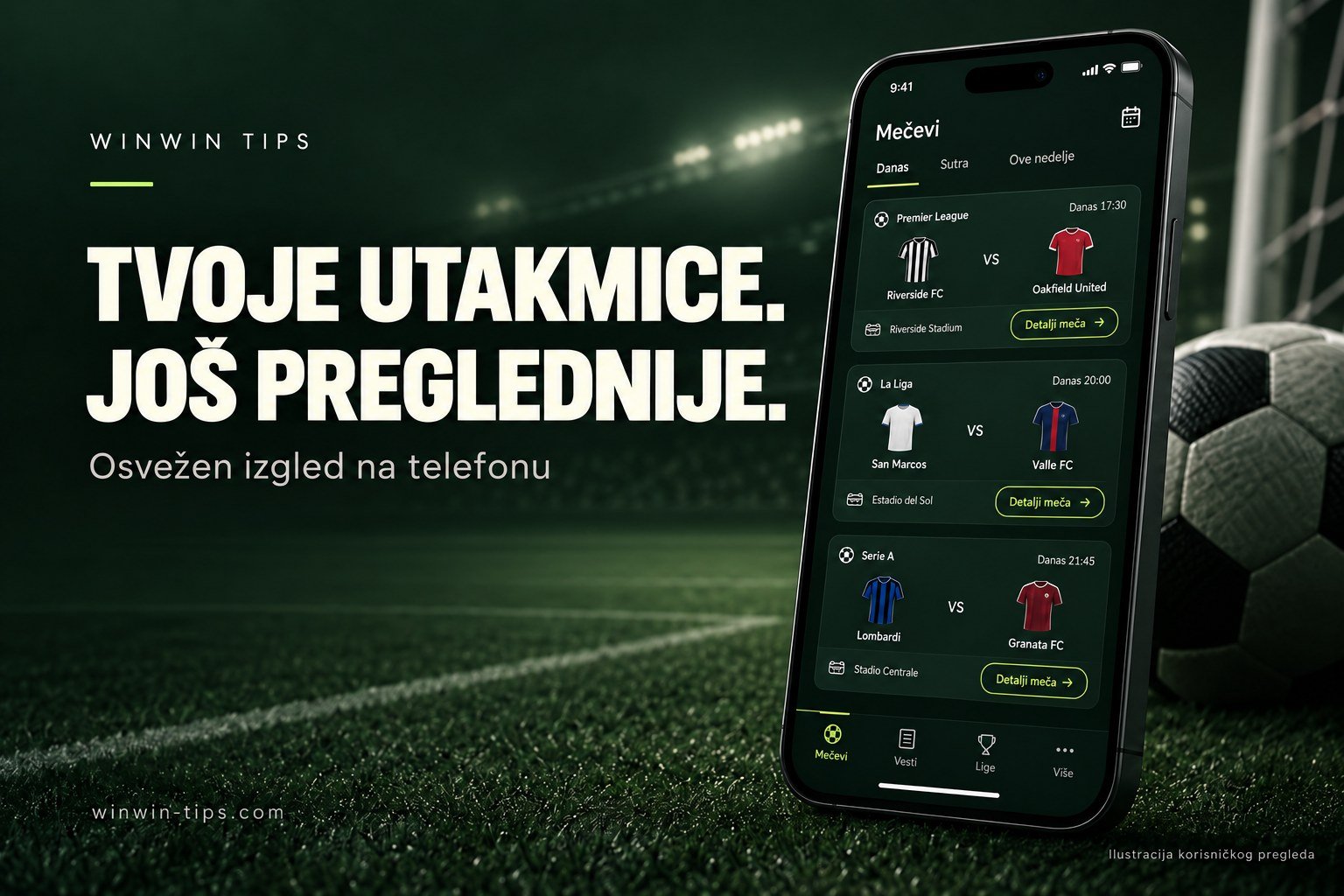 Ilustracija WinWin Tips pregleda utakmica na telefonu, sa tamnom pozadinom fudbalskog stadiona.