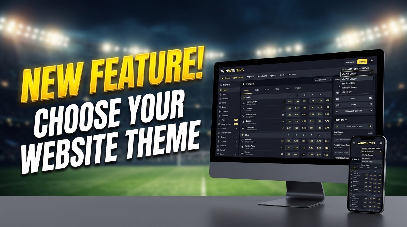 Preview of the 4 new website themes on the WINWIN TIPS platform, including dark mode