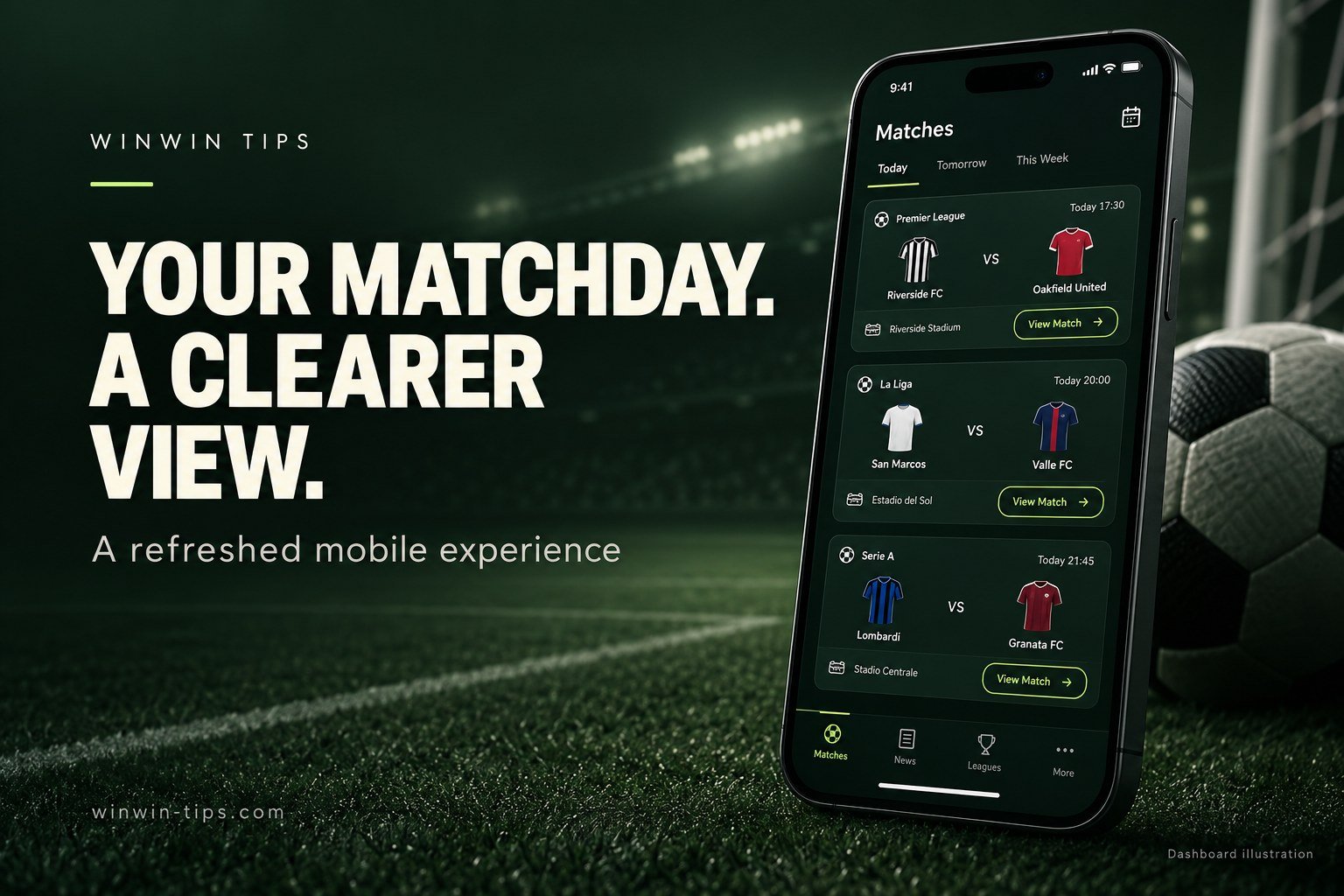 Illustration of the WinWin Tips mobile match overview on a smartphone against a dark football stadium background.